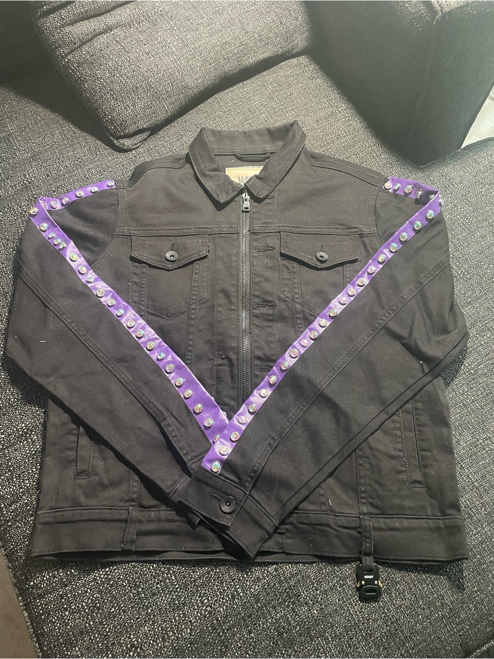 Woolf Black Denim Jacket with Purple Studded Sleeve Trim